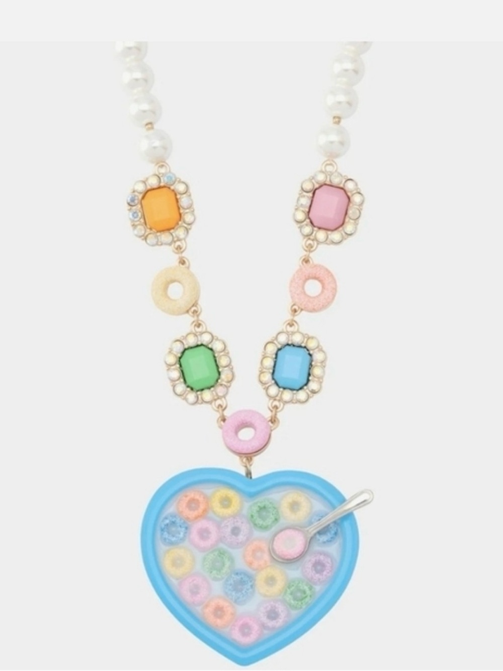 Betsey Johnson whimsical Heart-Shaped Cereal Bowl Pendant Pearl Necklace-NWT